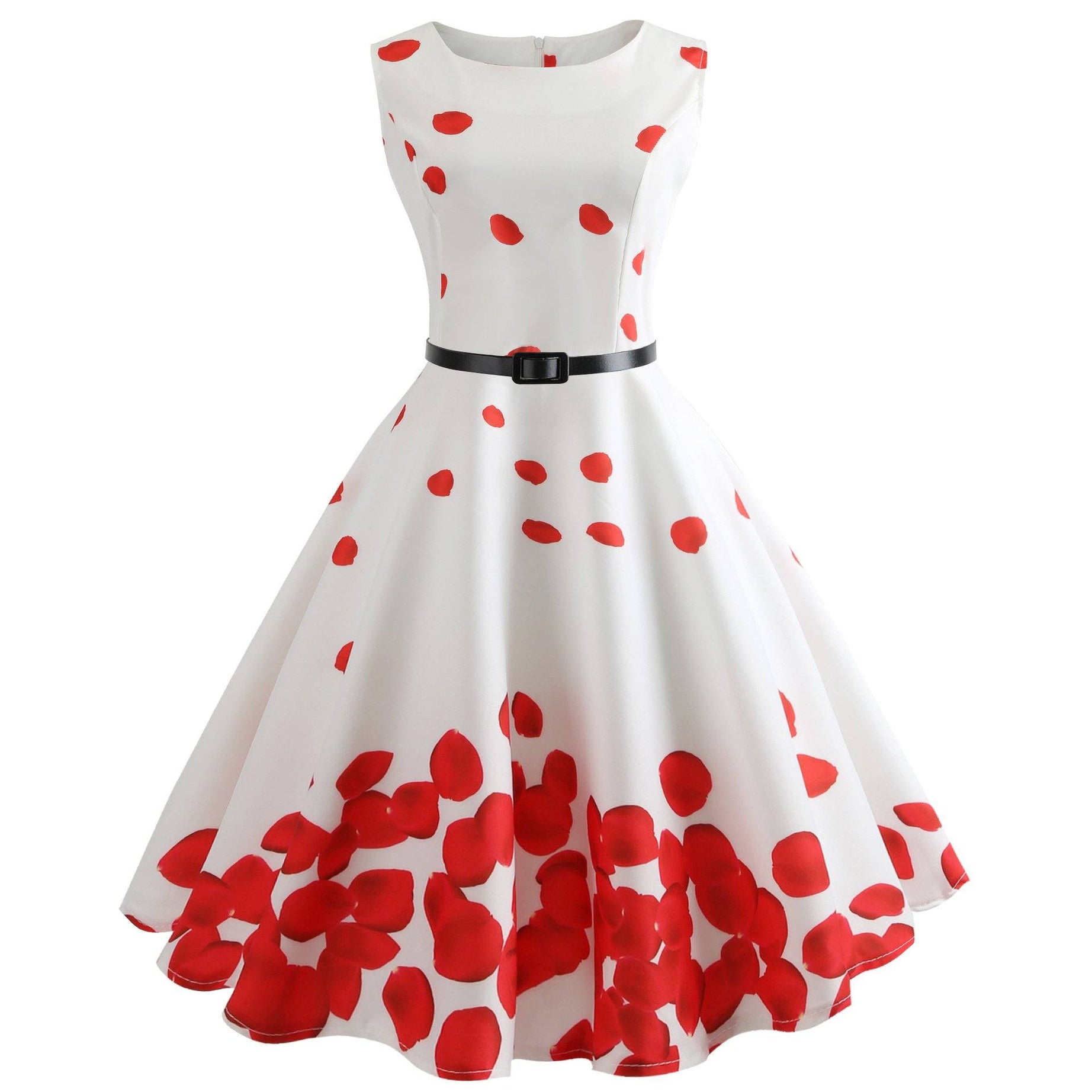 Robe Vintage Blanche & Pétales Rouges Années 50