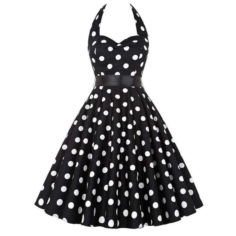 Schwarzes Vintage-Kleid mit weißen Tupfen und Neckholder