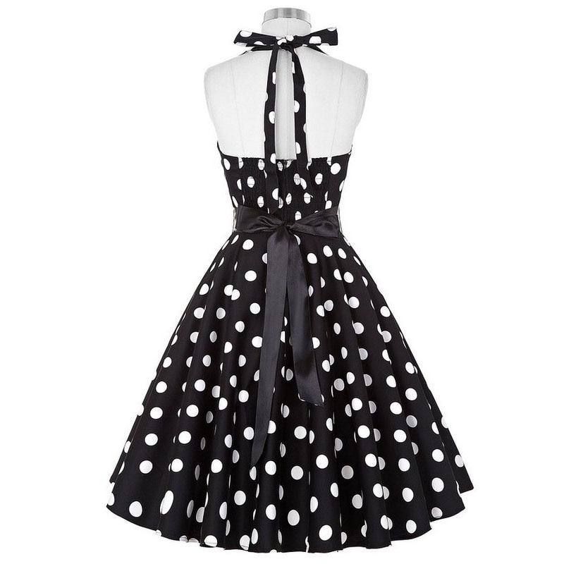 Robe vintage Noire à Pois Blancs à Col Licou