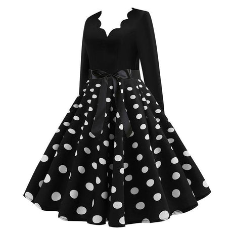 Robe vintage Noire à Pois Blancs & Col en V
