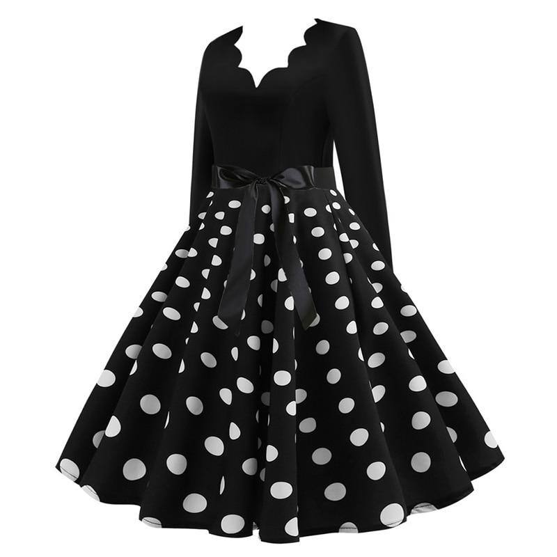 Schwarzes Vintage-Kleid mit weißen Tupfen und V-Ausschnitt