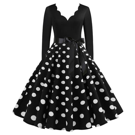 Robe vintage Noire à Pois Blancs & Col en V