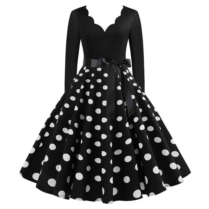Schwarzes Vintage-Kleid mit weißen Tupfen und V-Ausschnitt