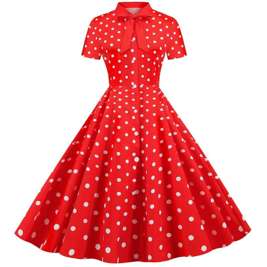 Robe vintage Rouge à Pois Blancs à Col Noué
