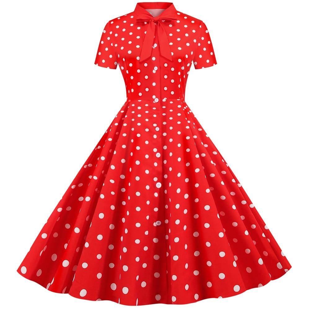 Robe vintage Rouge à Pois Blancs à Col Noué