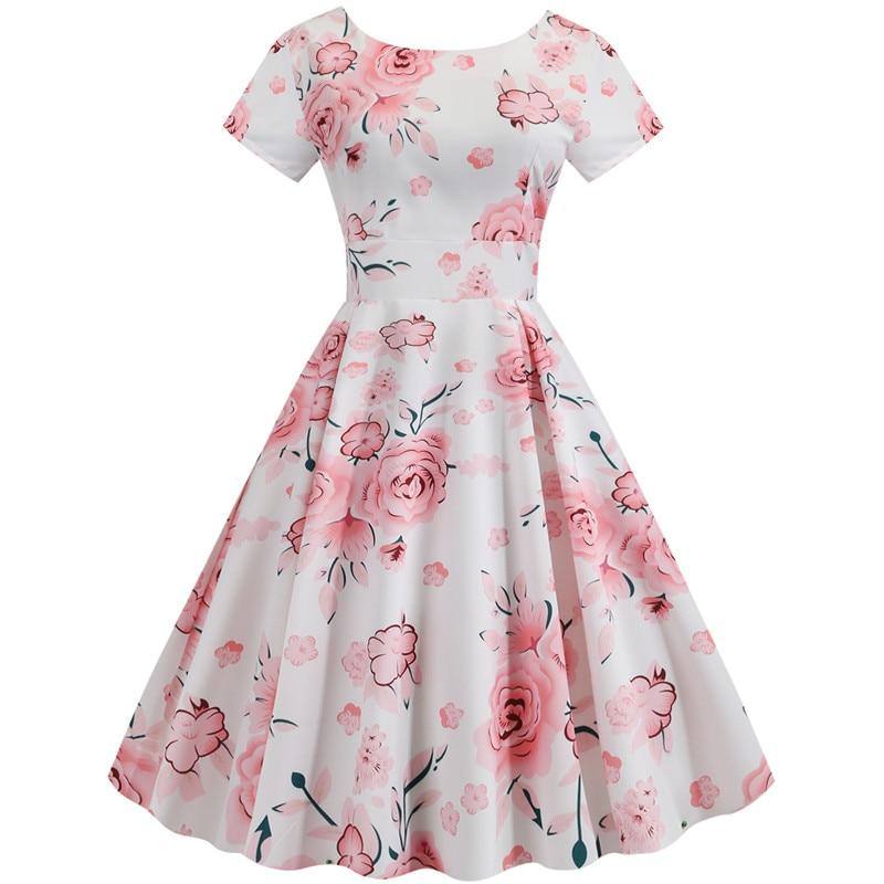 Robe Vintage Blanche à Fleurs Roses Trapèze 50's