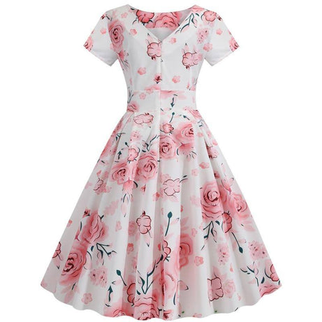 Robe Vintage Blanche à Fleurs Roses Trapèze 50's