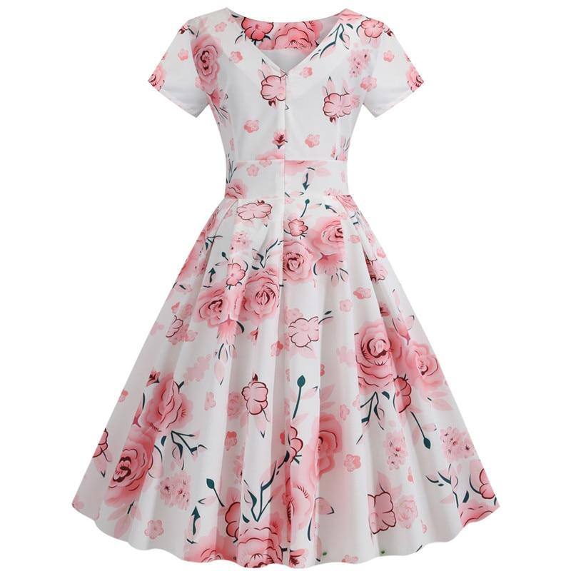 Robe Vintage Blanche à Fleurs Roses Trapèze 50's