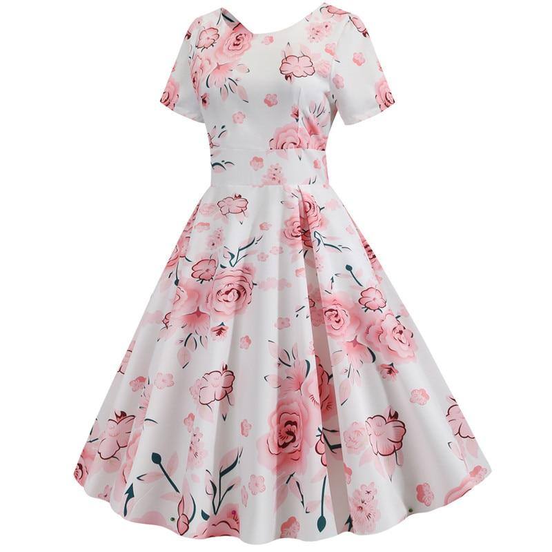 Robe Vintage Blanche à Fleurs Roses Trapèze 50's