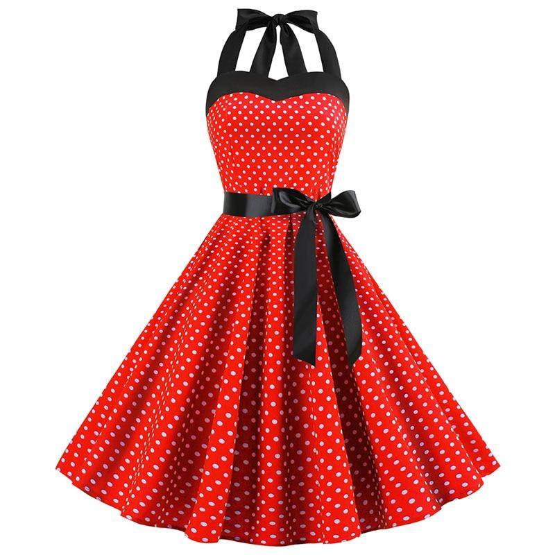 Rotes Vintage-Kleid mit kleinen weißen Polka Dots aus den 50er Jahren