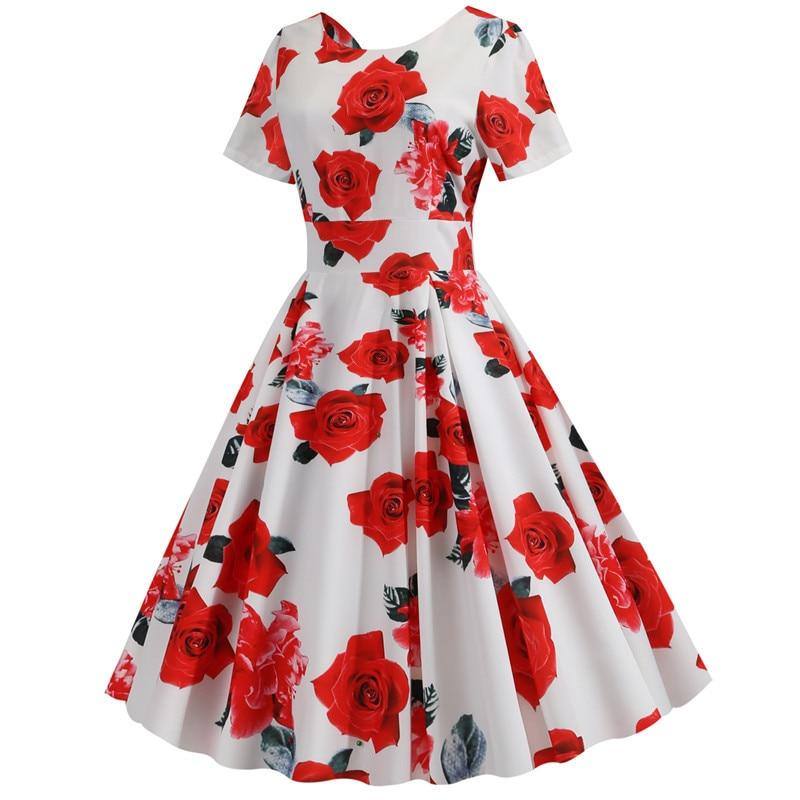Robe Vintage Blanche à Fleurs Rouges 50's Rockabilly