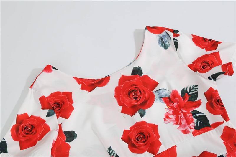 Robe Vintage Blanche à Fleurs Rouges 50's Rockabilly