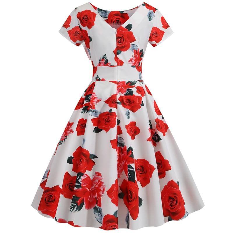Robe Vintage Blanche à Fleurs Rouges 50's Rockabilly