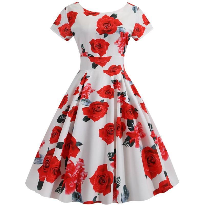 Robe Vintage Blanche à Fleurs Rouges 50's Rockabilly