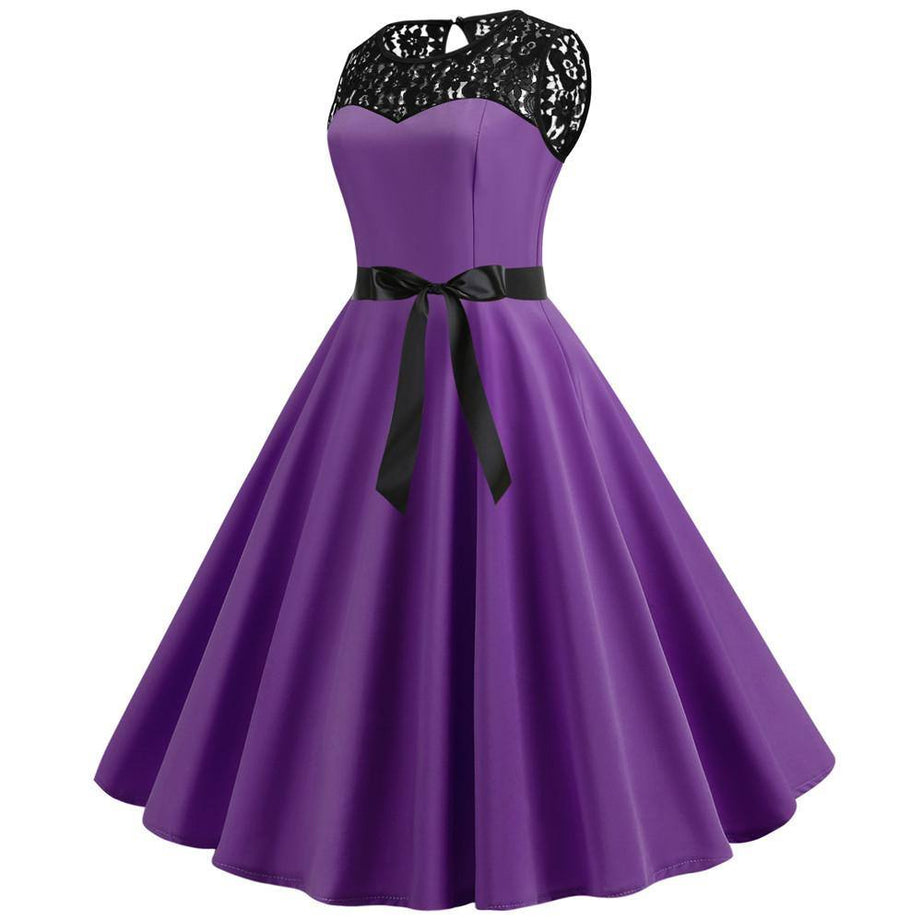 Robe Vintage Violette à Col en Dentelle  50's