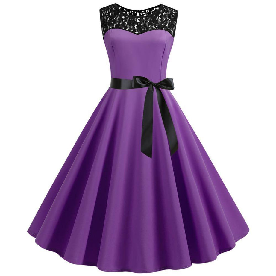Robe Vintage Violette à Col en Dentelle  50's