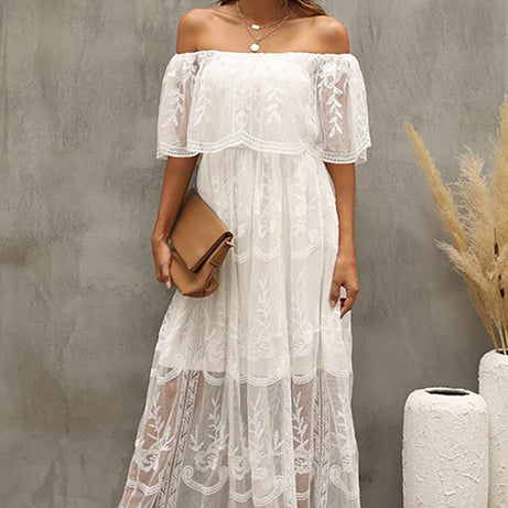Weißes Bohemian-Kleid mit Bardot-Kragen – Solange