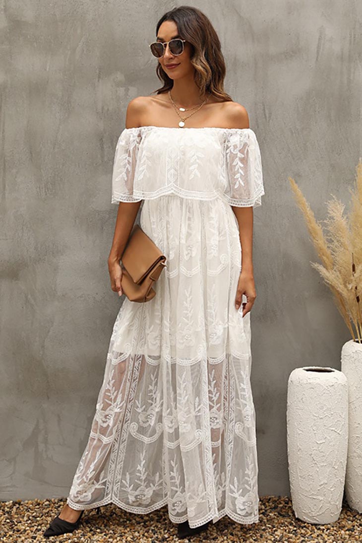 Weißes Bohemian-Kleid mit Bardot-Kragen – Solange