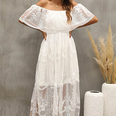 Weißes Bohemian-Kleid mit Bardot-Kragen – Solange