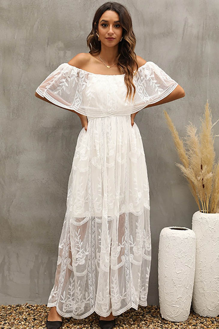 Weißes Bohemian-Kleid mit Bardot-Kragen – Solange