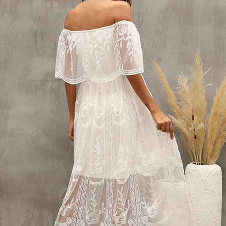 Weißes Bohemian-Kleid mit Bardot-Kragen – Solange
