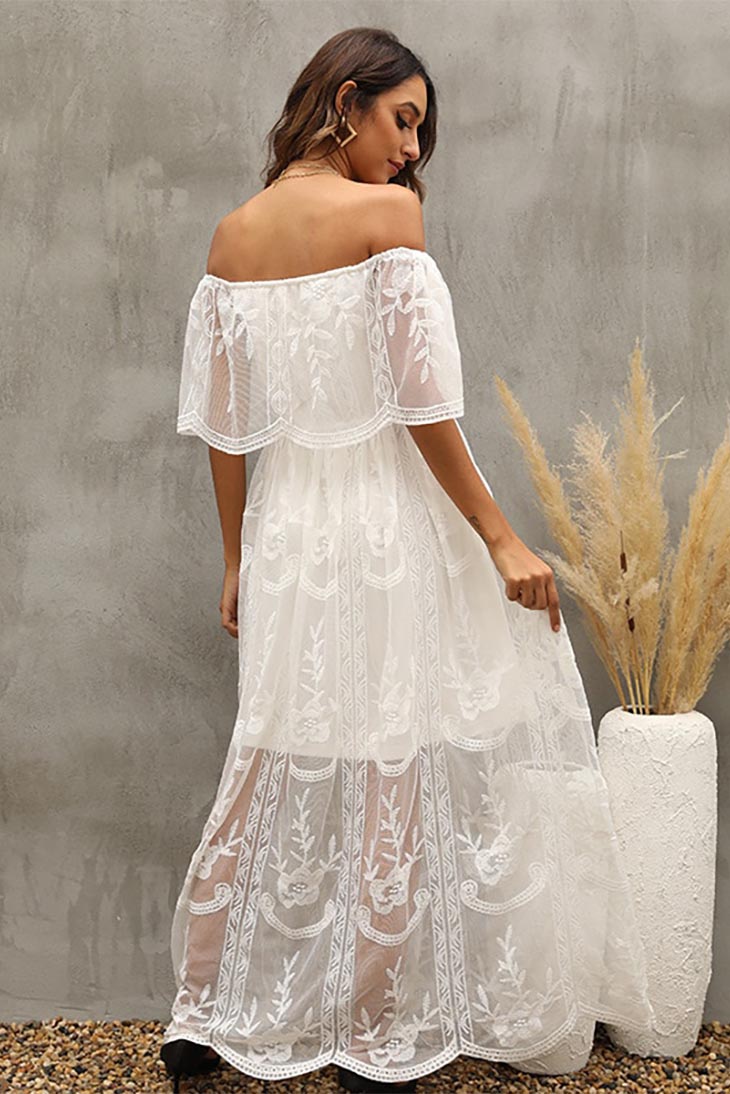 Weißes Bohemian-Kleid mit Bardot-Kragen – Solange