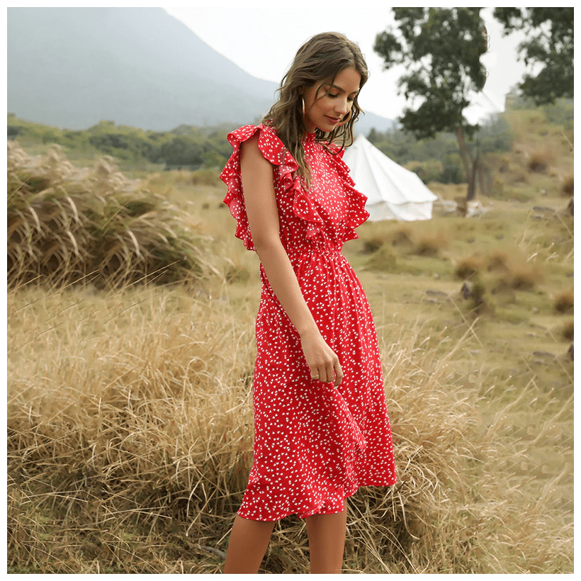 Rotes langes Kleid im Bohemian-Chic-Stil