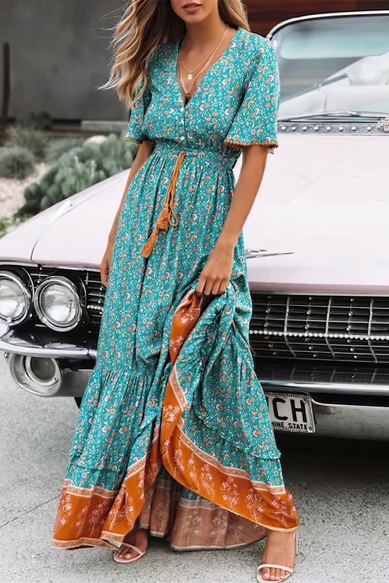 Indisches türkisfarbenes böhmisches langes Kleid – Hazel