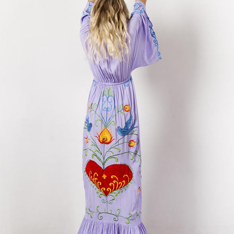 Langes Bohemian-Kleid mit V-Ausschnitt – Ella
