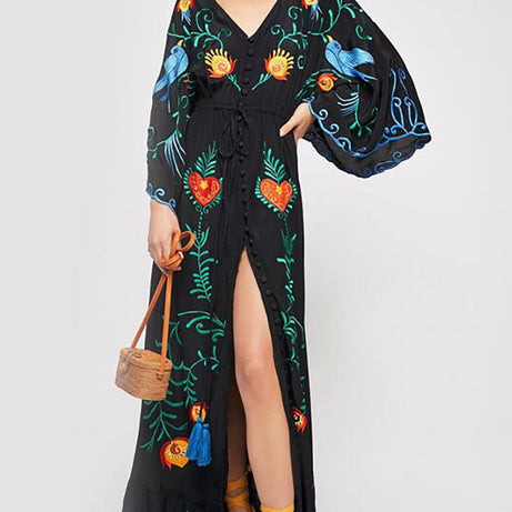 Langes Bohemian-Kleid mit V-Ausschnitt – Ella