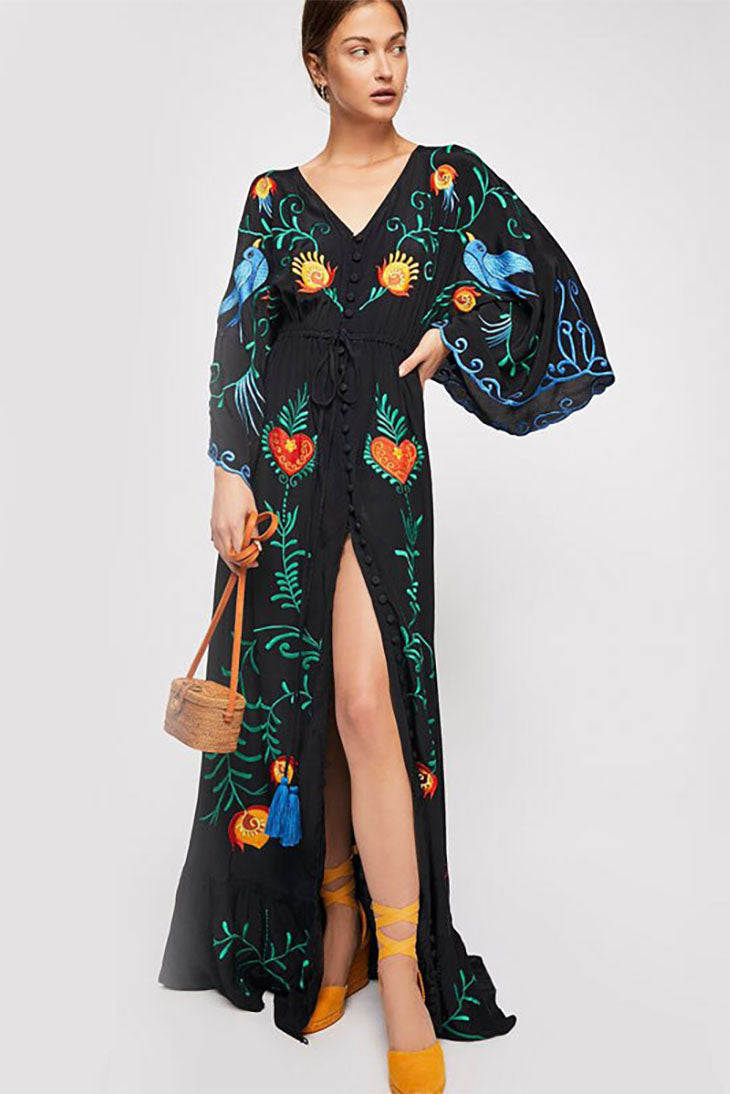 Langes Bohemian-Kleid mit V-Ausschnitt – Ella
