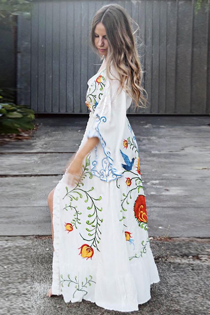 Langes Bohemian-Kleid mit V-Ausschnitt – Ella