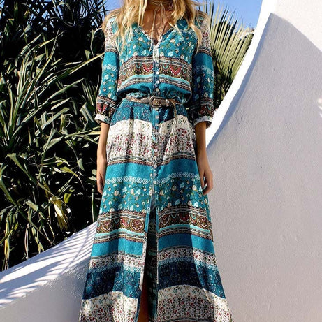 Langes Bohemian-Kleid mit 3/4-Ärmeln – Pia