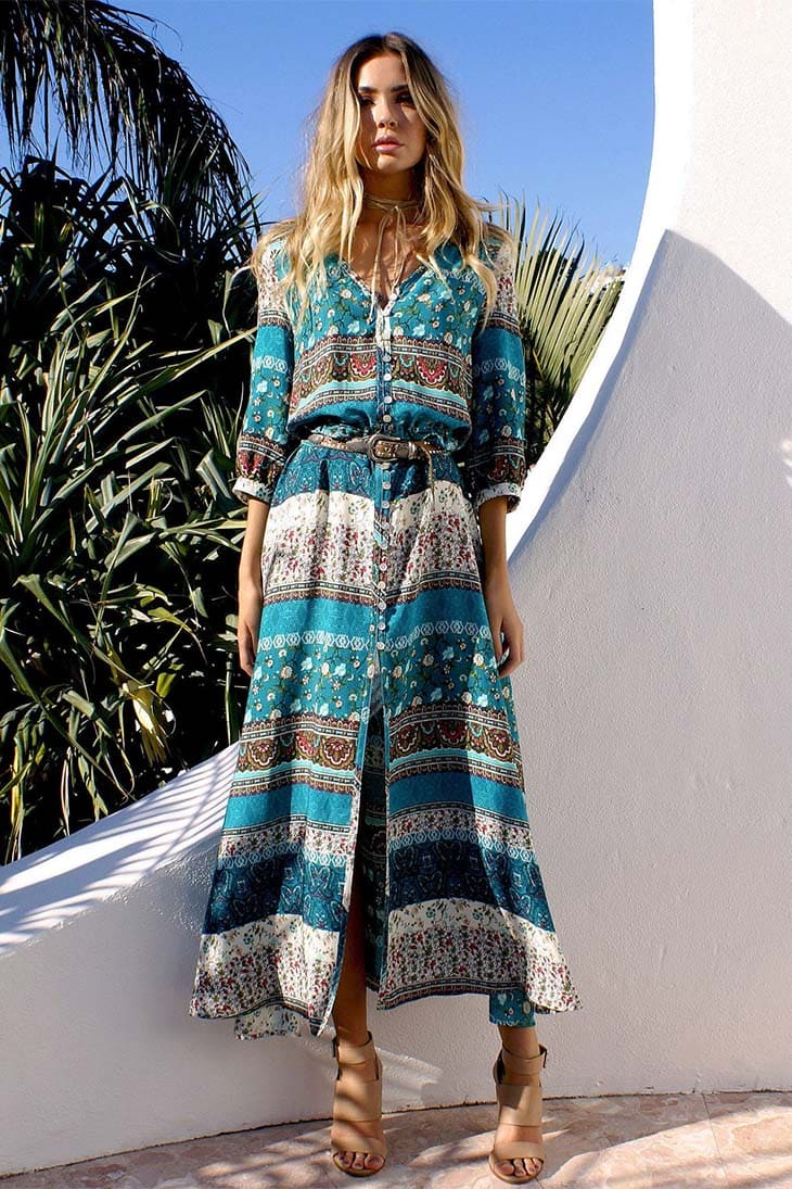 Langes Bohemian-Kleid mit 3/4-Ärmeln – Pia