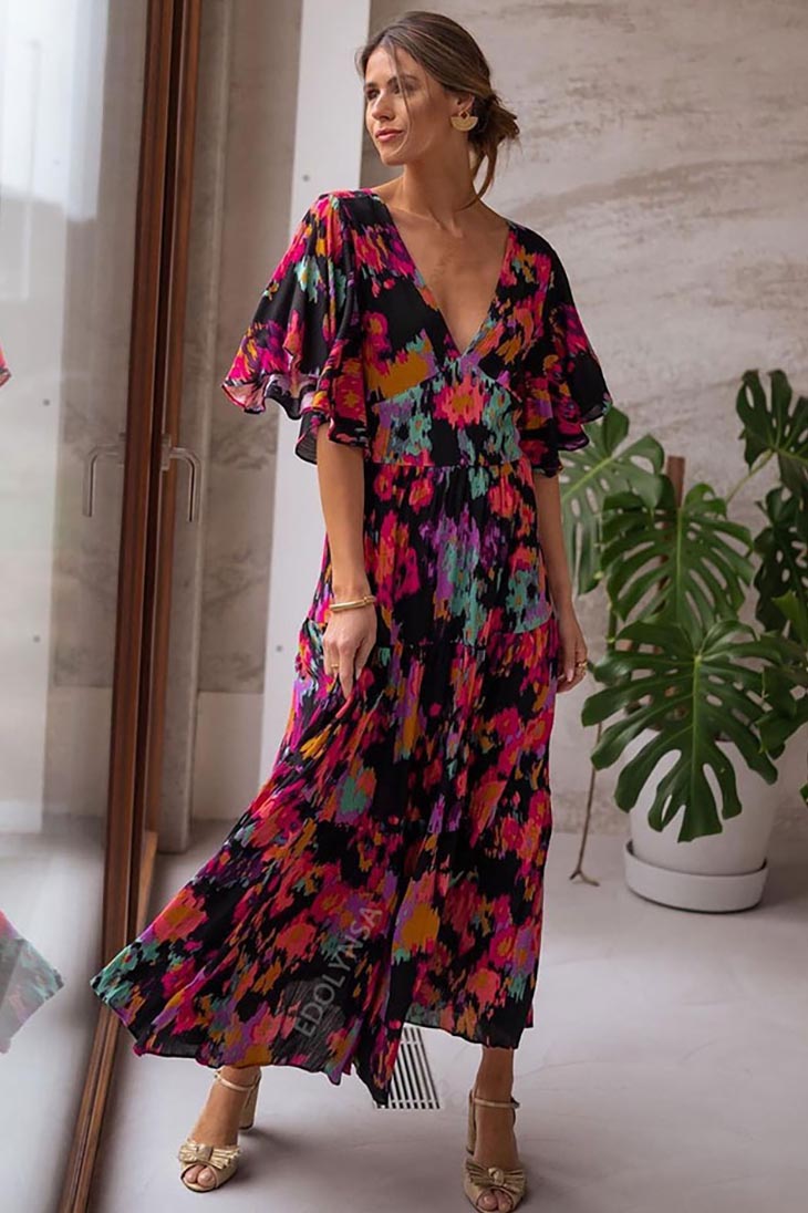 Böhmisches kurzärmliges langes Kleid – Faustine