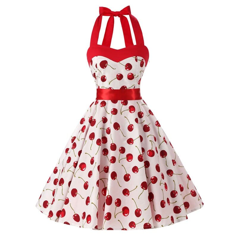 Robe vintage Blanche à Cerises Rouges