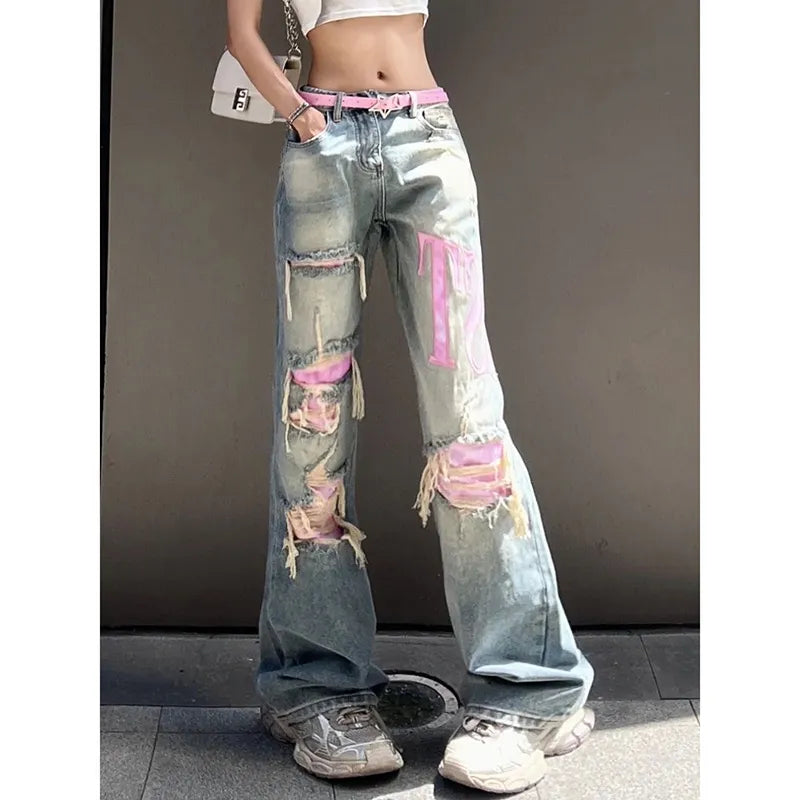 Vintage Blue Ripped Jeans for Women Punch