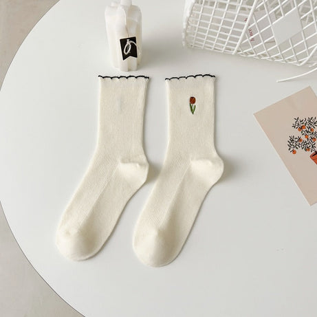 Chaussettes chaudes femme longues avec broderie motif tulipes Zariah