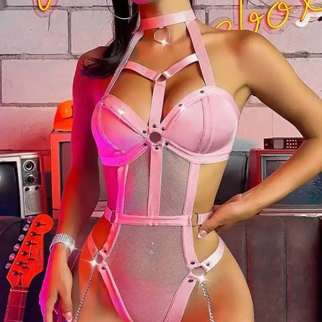 New Black Mesh Metal Chain Paired With A Slimming One-piece Sexy Shine Steel Ring Bodysuits Backless Wrap Chest Charming 50FO