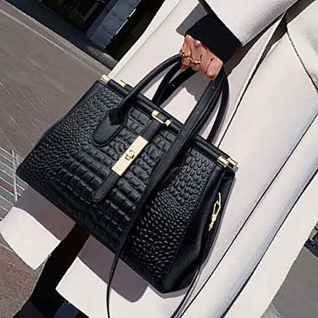 Sac à Main en Cuir Femme Noir Motif Crocodile