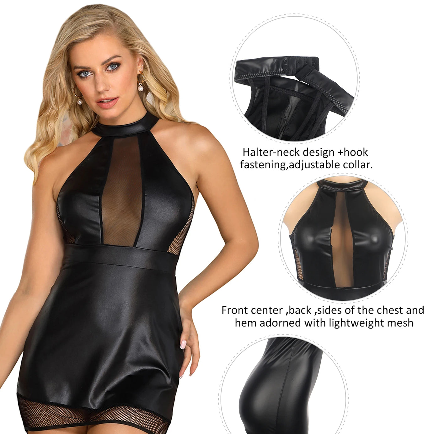 Robe libertine - Robe en simili cuir noire à bretelles et mesh sexy