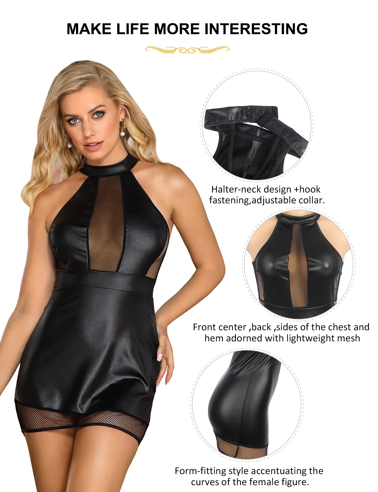 Robe libertine - Robe en simili cuir noire à bretelles et mesh sexy