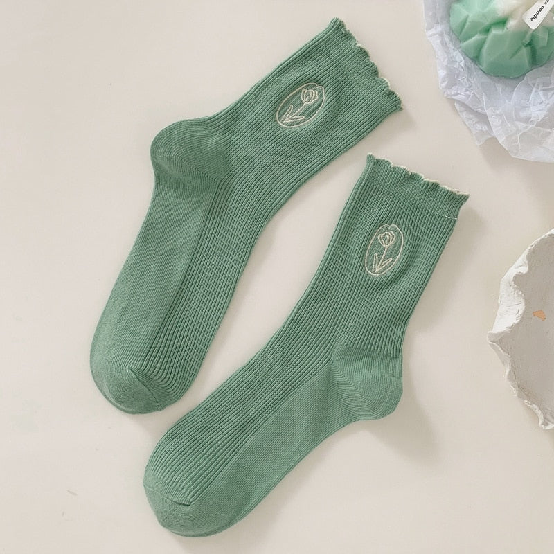 Chaussettes femme longues rayures avec broderie florale London