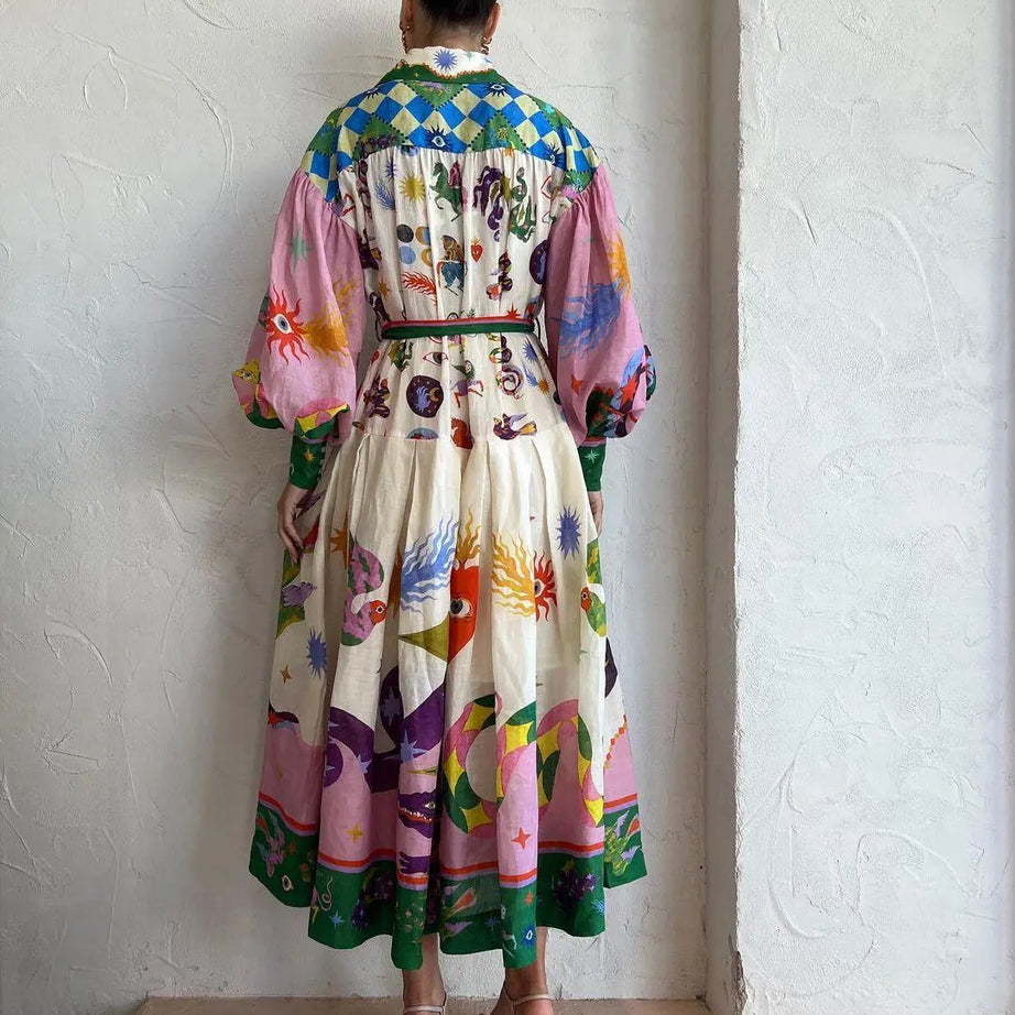 Robe longue vintage imprimé à col polo pour femme