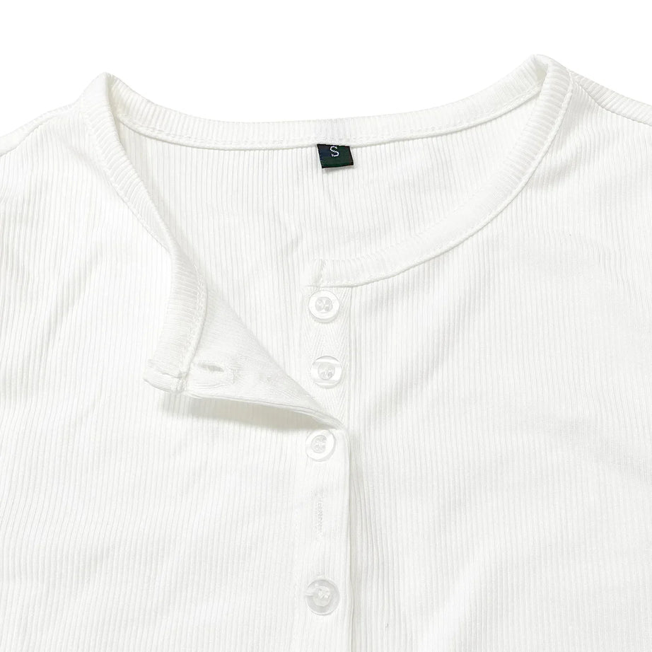 Haut Femme Côtelé à Manches Longues – T-Shirt Henley avec Boutons