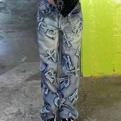 Yadoo Damen-Patchwork-Jeans
