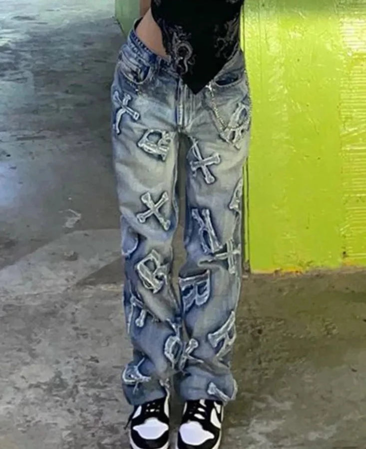 Yadoo Damen-Patchwork-Jeans
