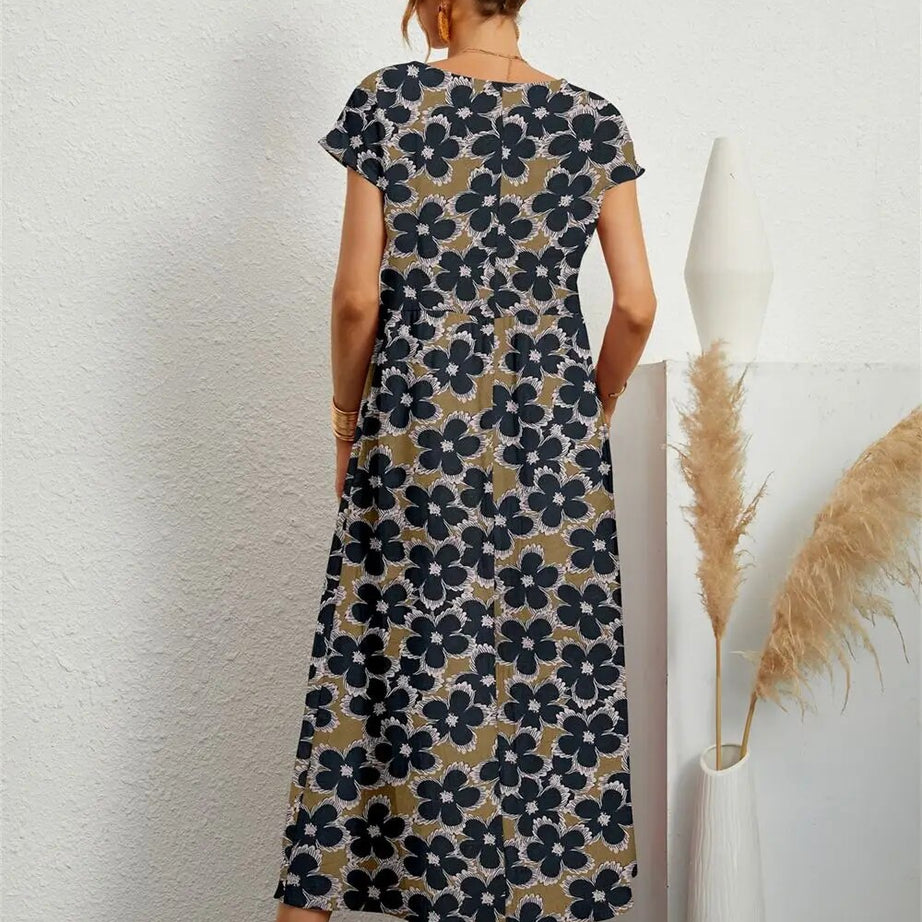 Sparoo Damen Bohemian-Kleid mit kurzen Ärmeln und Rundhalsausschnitt