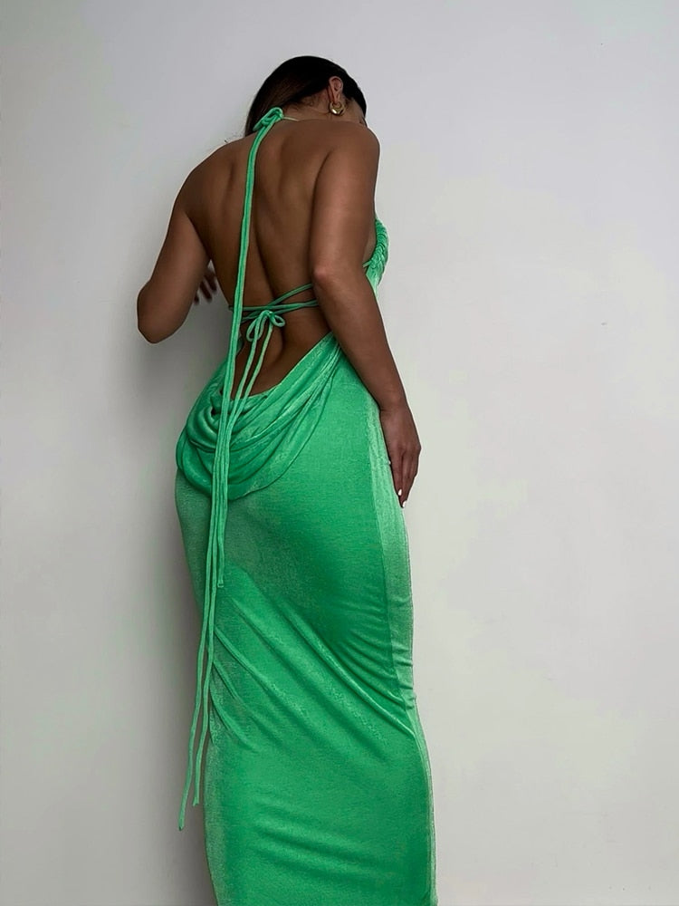 Muliana – Langes grünes Abendkleid mit offenem Rücken für Damen
