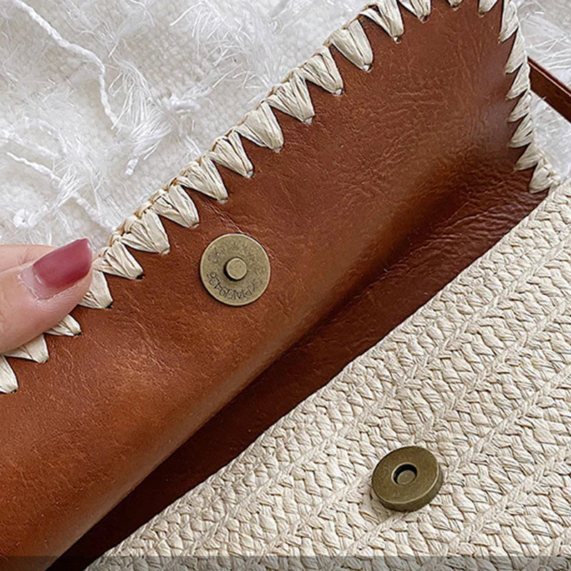 Sac en Paille Marron et Beige à Bandoulière